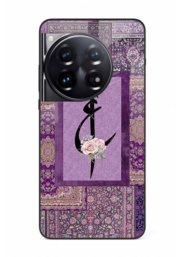 Purple calligraphy artwork printed on glossy tempered glass OnePlus 12 back cover