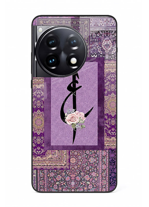 Purple calligraphy artwork printed on glossy tempered glass OnePlus 12R back cover