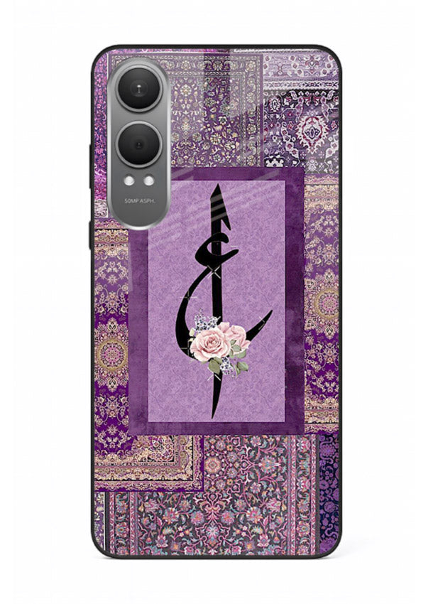Purple calligraphy artwork printed on glossy tempered glass OnePlus Nord CE4 Lite back cover