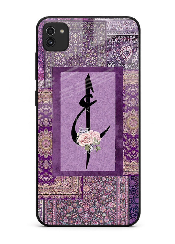 Purple calligraphy artwork printed on glossy tempered glass Samsung A03 back cover