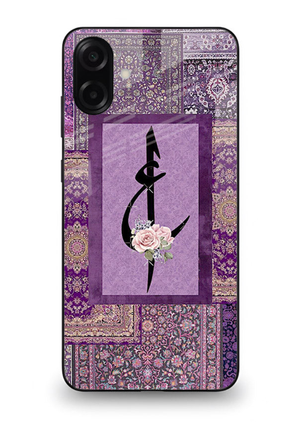 Purple calligraphy artwork printed on glossy tempered glass Samsung A07 4G back cover