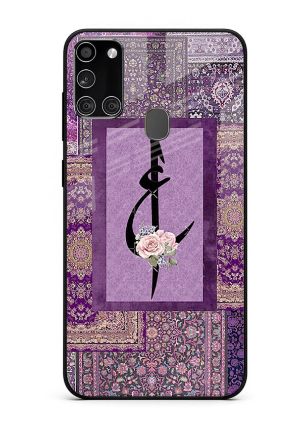 Purple calligraphy artwork printed on glossy tempered glass Samsung A21s back cover