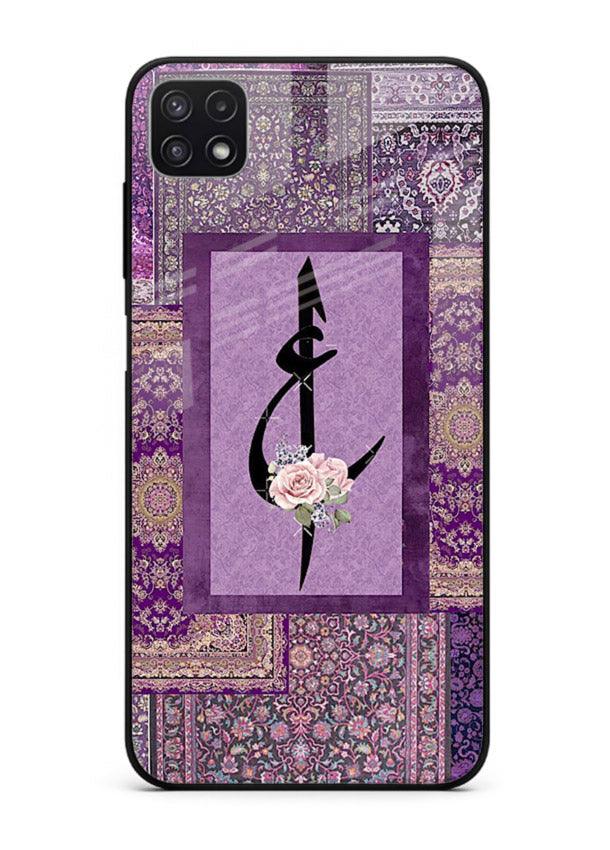 Purple calligraphy artwork printed on glossy tempered glass Samsung A22 5G back cover
