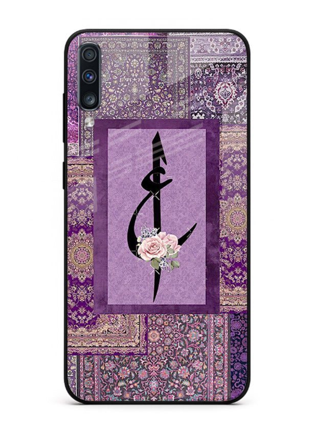 Purple calligraphy artwork printed on glossy tempered glass Samsung A50 back cover
