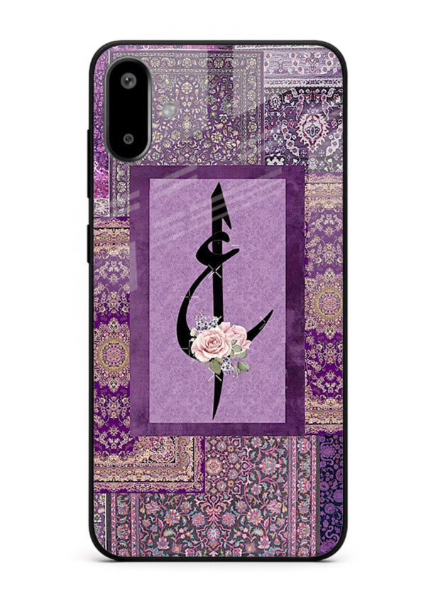 Purple calligraphy artwork printed on glossy tempered glass Samsung F06 5G back cover
