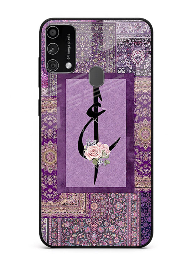 Purple calligraphy artwork printed on glossy tempered glass Samsung F41 back cover
