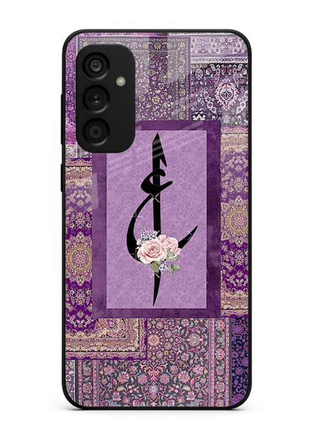 Purple calligraphy artwork printed on glossy tempered glass Samsung A14 5G back cover
