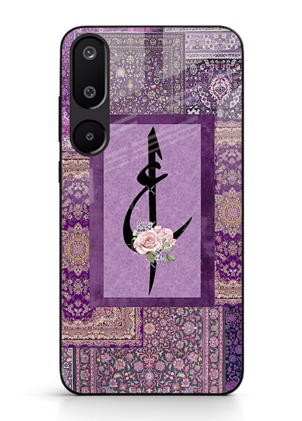Purple calligraphy artwork printed on glossy tempered glass Samsung M16 5G back cover