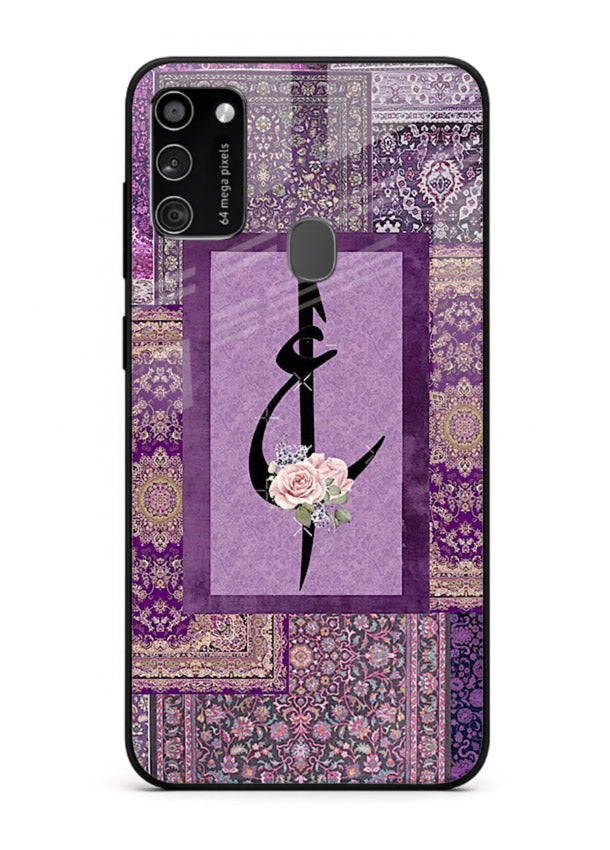 Purple calligraphy artwork printed on glossy tempered glass Samsung M21 back cover
