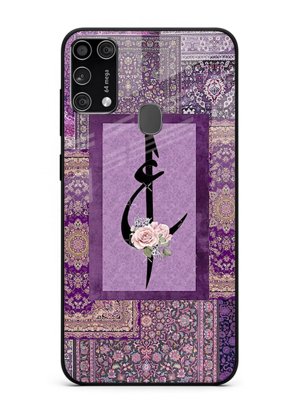Purple calligraphy artwork printed on glossy tempered glass Samsung M31 Prime back cover