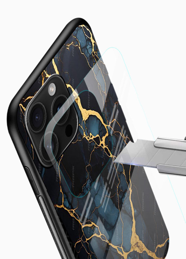 Amber Sea Marble glossy vibrant premium glass back cover with amber-toned marble waves - Angle Blade