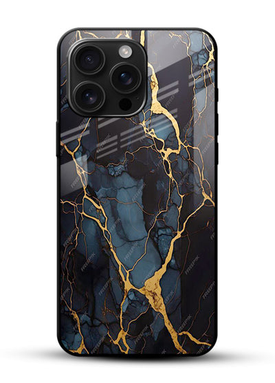 Amber Sea Marble glossy vibrant premium glass back cover with amber-toned marble waves - Angle Front