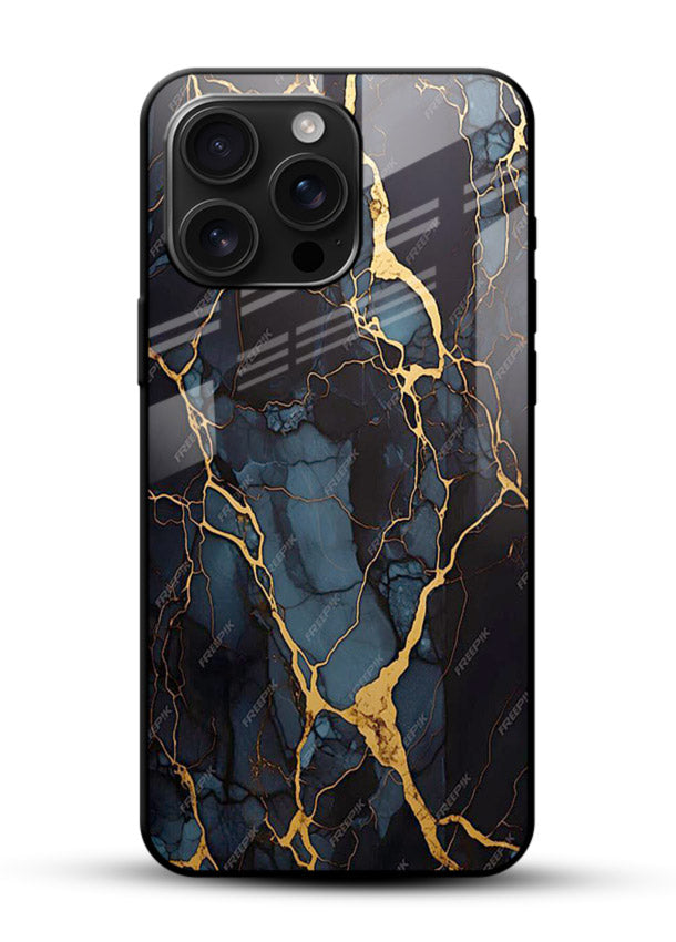 Amber Sea Marble glossy vibrant premium glass back cover with amber-toned marble waves - Angle Front