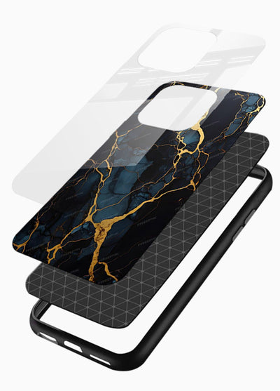 Amber Sea Marble glossy vibrant premium glass back cover with amber-toned marble waves - Angle Layers