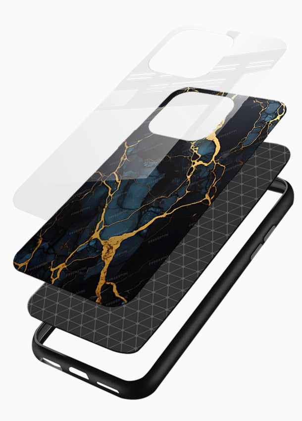Amber Sea Marble glossy vibrant premium glass back cover with amber-toned marble waves - Angle Layers