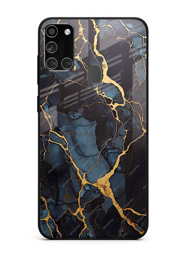 Amber Sea Marble Samsung A21s glass back cover with amber-toned marble waves
