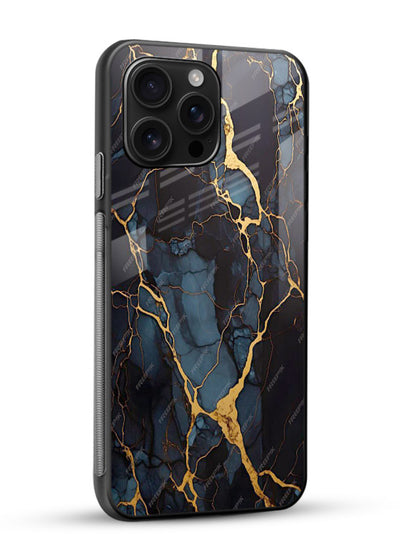 Amber Sea Marble glossy vibrant premium glass back cover with amber-toned marble waves - Angle Side