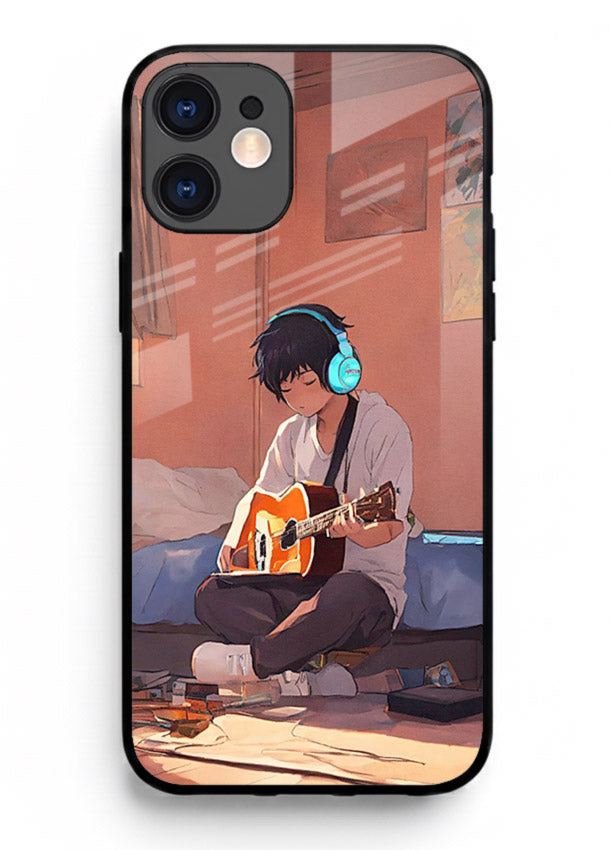 anime guitar room aesthetic art iphone 12 glass cover cozy warm anime scene case