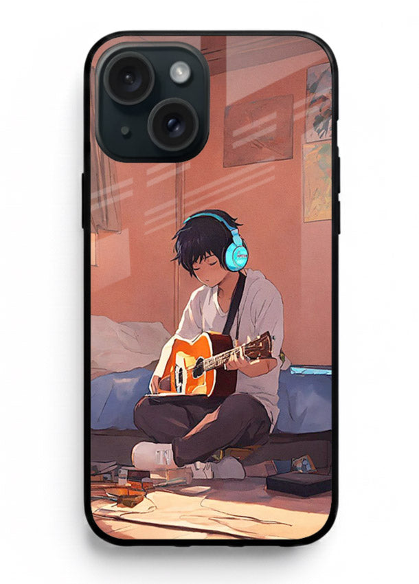 anime guitar room aesthetic art iphone 15 plus glass cover cozy warm anime scene case