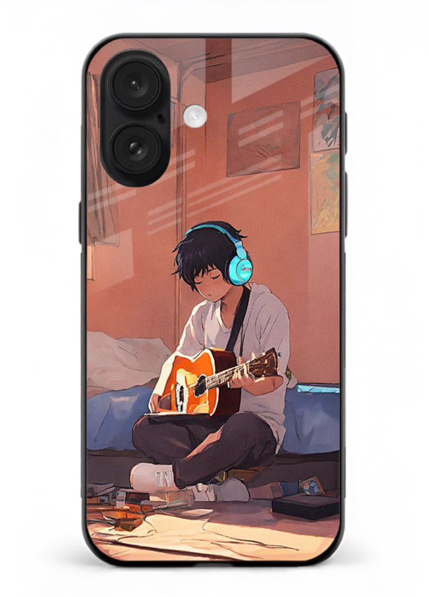 anime guitar room aesthetic art iphone 18 glass cover cozy warm anime scene case