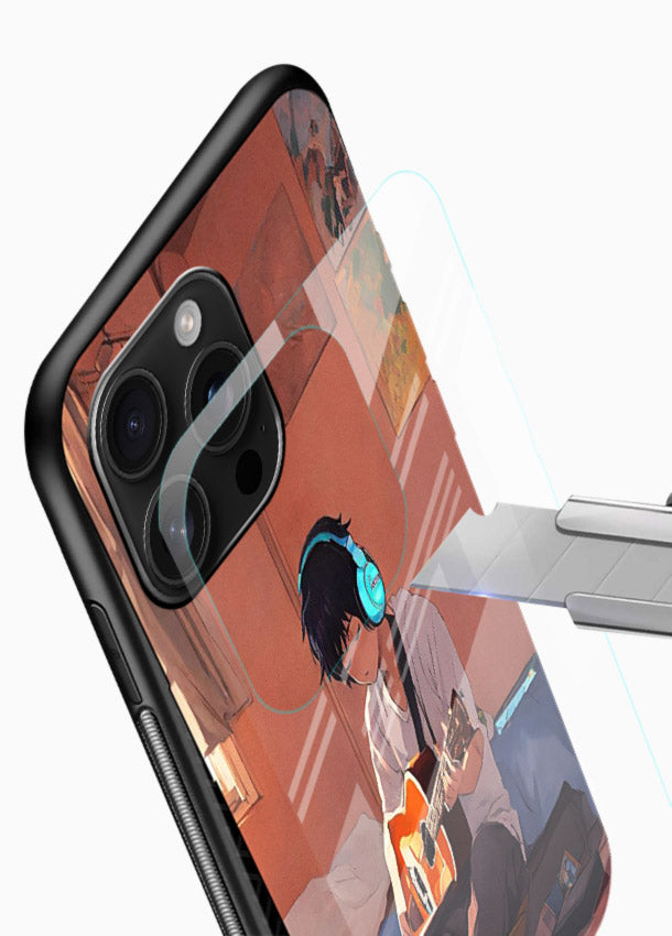 anime guitar room aesthetic art glossy vibrant premium glass cover cozy warm anime scene case - Angle Blade
