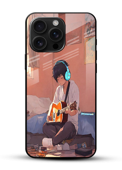 anime guitar room aesthetic art glossy vibrant premium glass cover cozy warm anime scene case - Angle Front