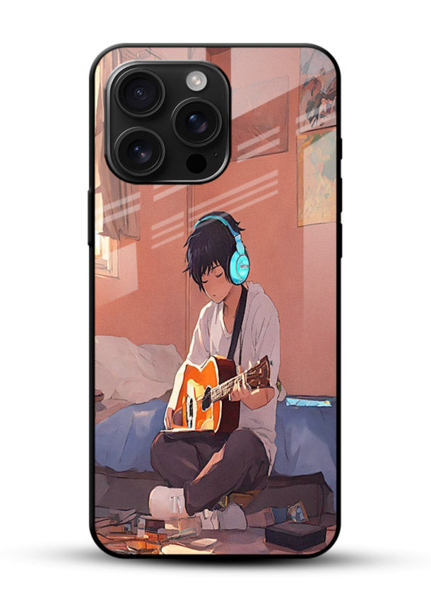 anime guitar room aesthetic art glossy vibrant premium glass cover cozy warm anime scene case - Angle Front