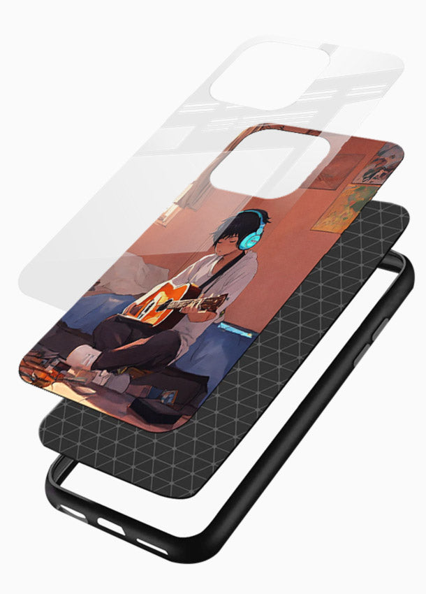 anime guitar room aesthetic art glossy vibrant premium glass cover cozy warm anime scene case - Angle Layers