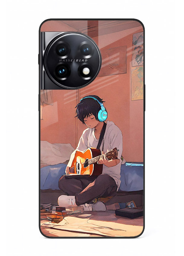 anime guitar room aesthetic art OnePlus 11 glass cover cozy warm anime scene case