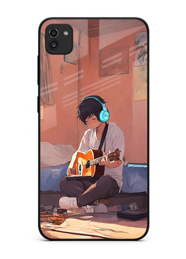 anime guitar room aesthetic art Samsung A03 glass cover cozy warm anime scene case