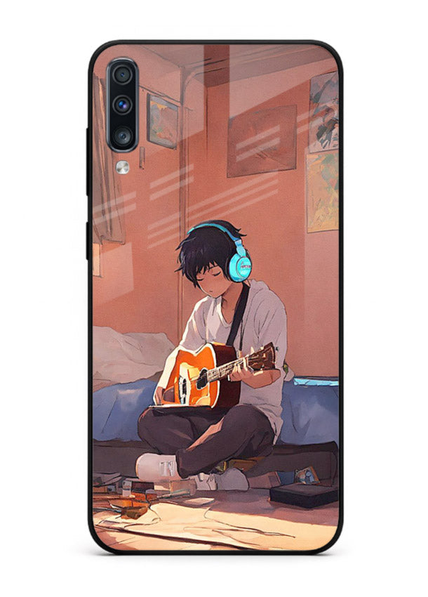 anime guitar room aesthetic art Samsung A70 glass cover cozy warm anime scene case