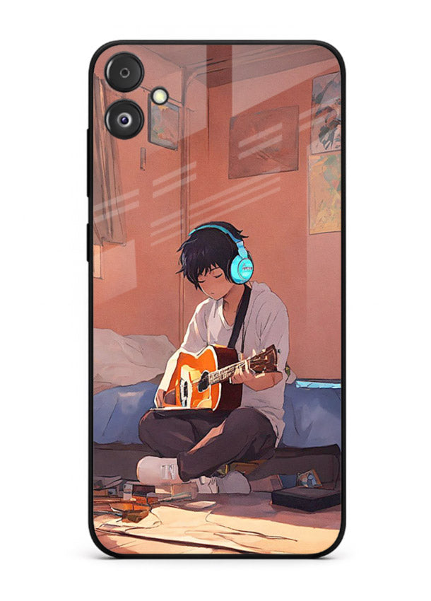 anime guitar room aesthetic art Samsung F04 5G glass cover cozy warm anime scene case
