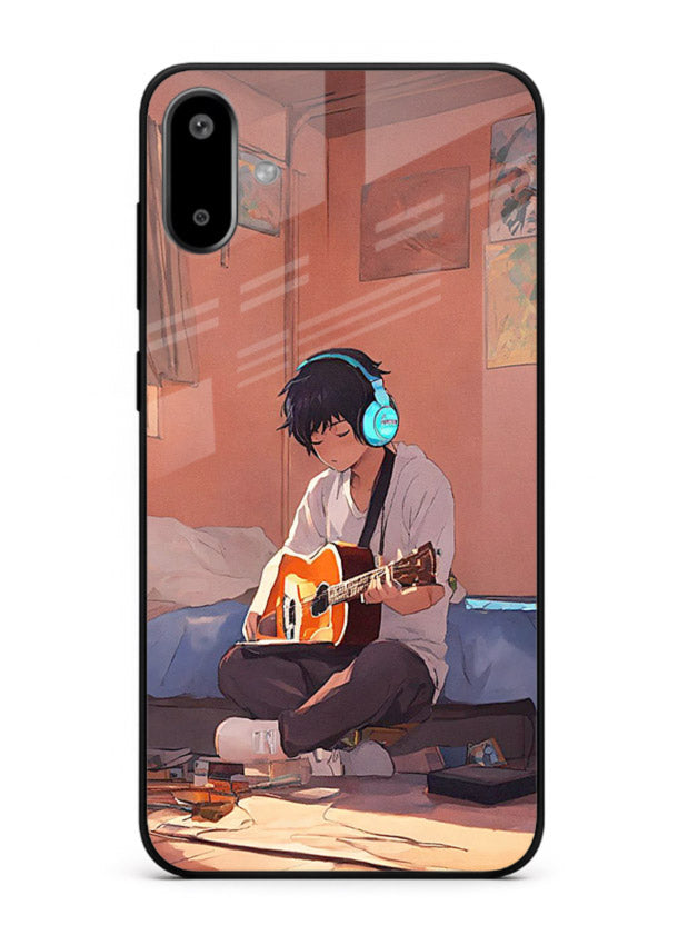 anime guitar room aesthetic art Samsung F06 5G glass cover cozy warm anime scene case