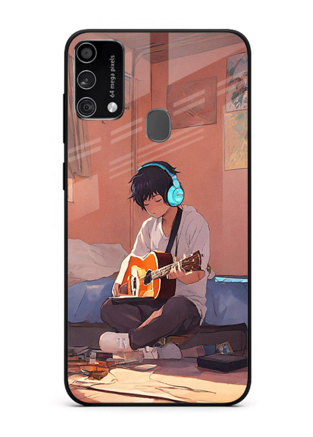 anime guitar room aesthetic art Samsung F41 glass cover cozy warm anime scene case