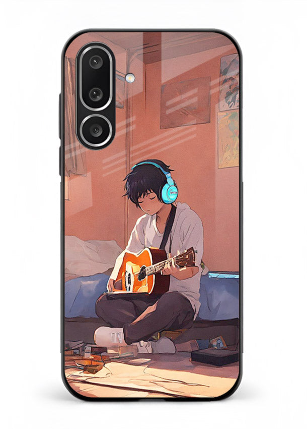 anime guitar room aesthetic art Samsung F56 5G glass cover cozy warm anime scene case