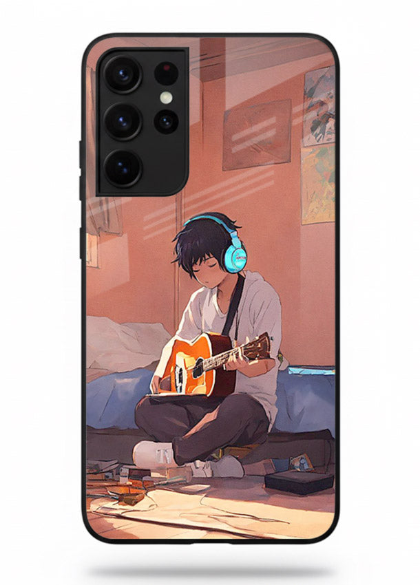 anime guitar room aesthetic art Samsung S21 Ultra glass cover cozy warm anime scene case