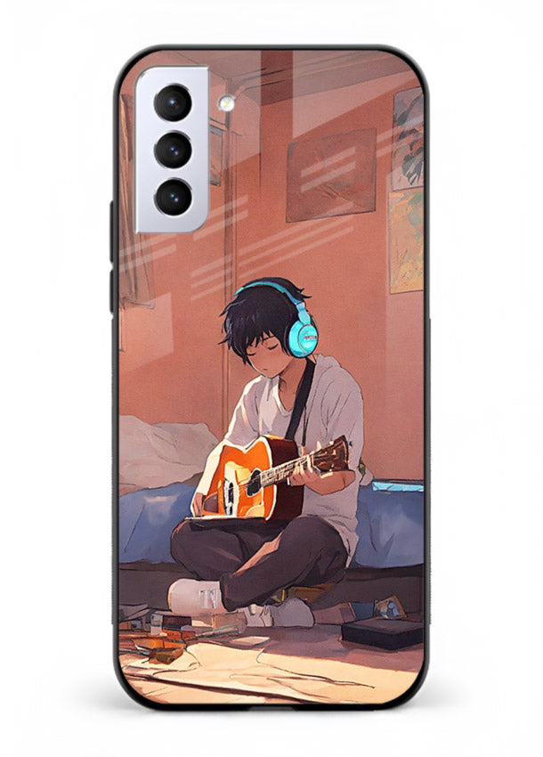 anime guitar room aesthetic art Samsung S21 FE glass cover cozy warm anime scene case
