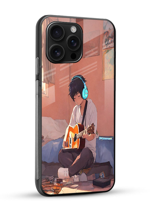anime guitar room aesthetic art glossy vibrant premium glass cover cozy warm anime scene case - Angle Side