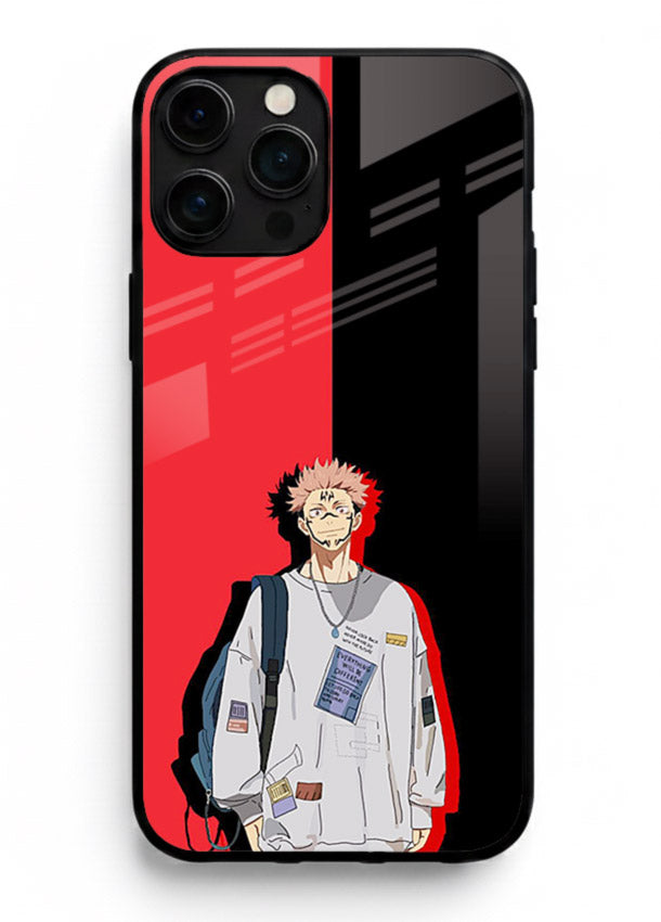 anime red black split art iphone 16 pro max glass cover stylish edgy character case