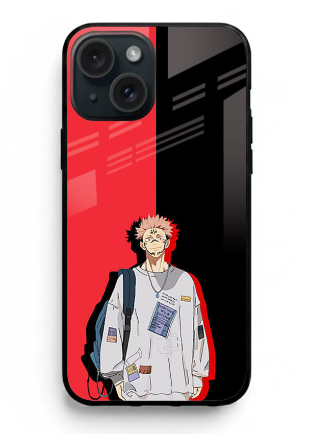 anime red black split art iphone 15 glass cover stylish edgy character case