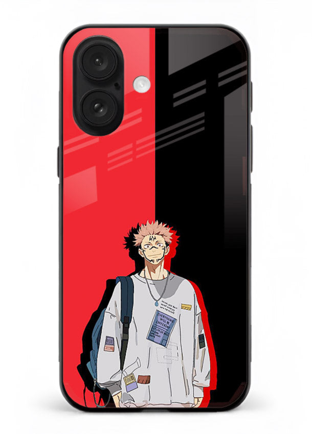 anime red black split art iphone 16 plus glass cover stylish edgy character case