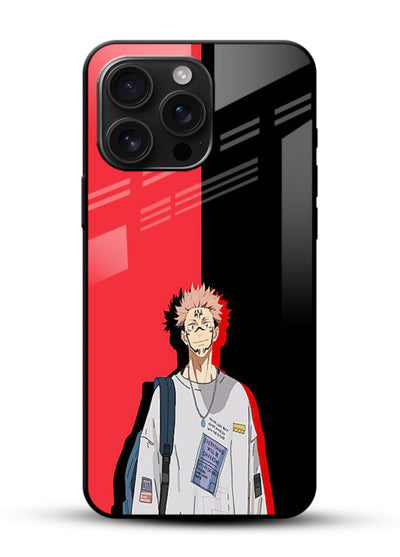 anime red black split art glossy vibrant premium glass cover stylish edgy character case - Angle Front