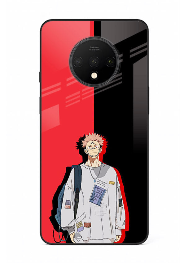 anime red black split art OnePlus 7T glass cover stylish edgy character case
