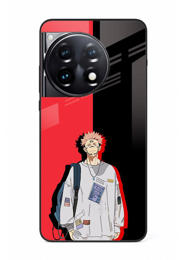 anime red black split art OnePlus 12R glass cover stylish edgy character case