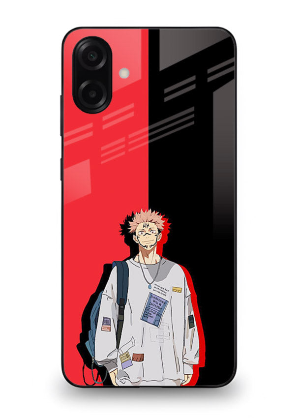anime red black split art Samsung A06 5G glass cover stylish edgy character case