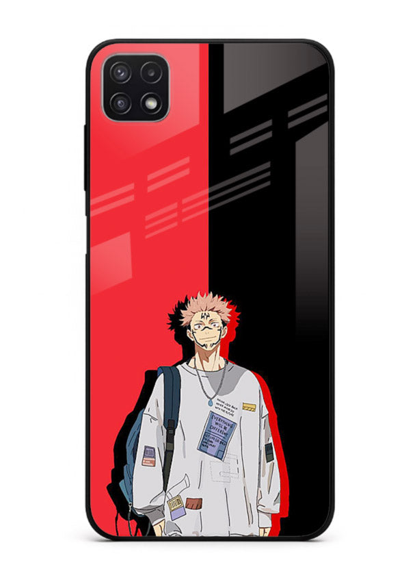 anime red black split art Samsung A22 5G glass cover stylish edgy character case