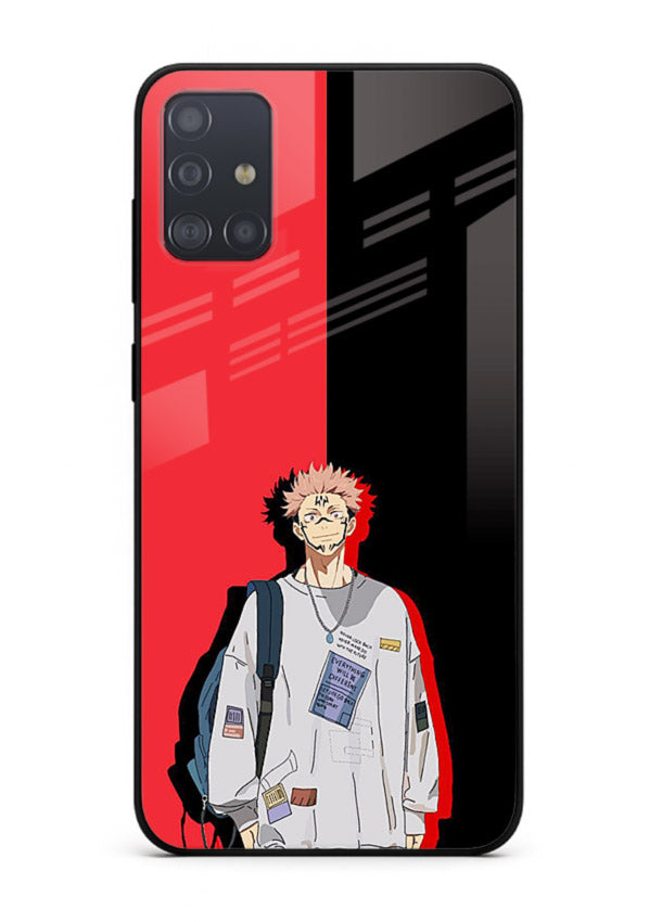 anime red black split art Samsung A51 glass cover stylish edgy character case