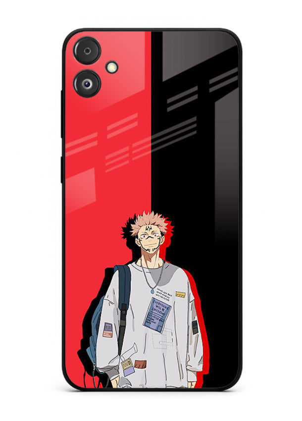anime red black split art Samsung F14 5G glass cover stylish edgy character case