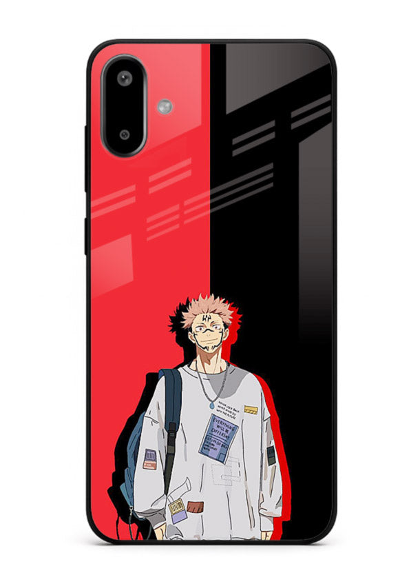 anime red black split art Samsung F06 5G glass cover stylish edgy character case