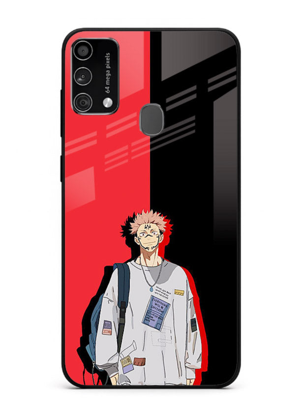 anime red black split art Samsung F41 glass cover stylish edgy character case